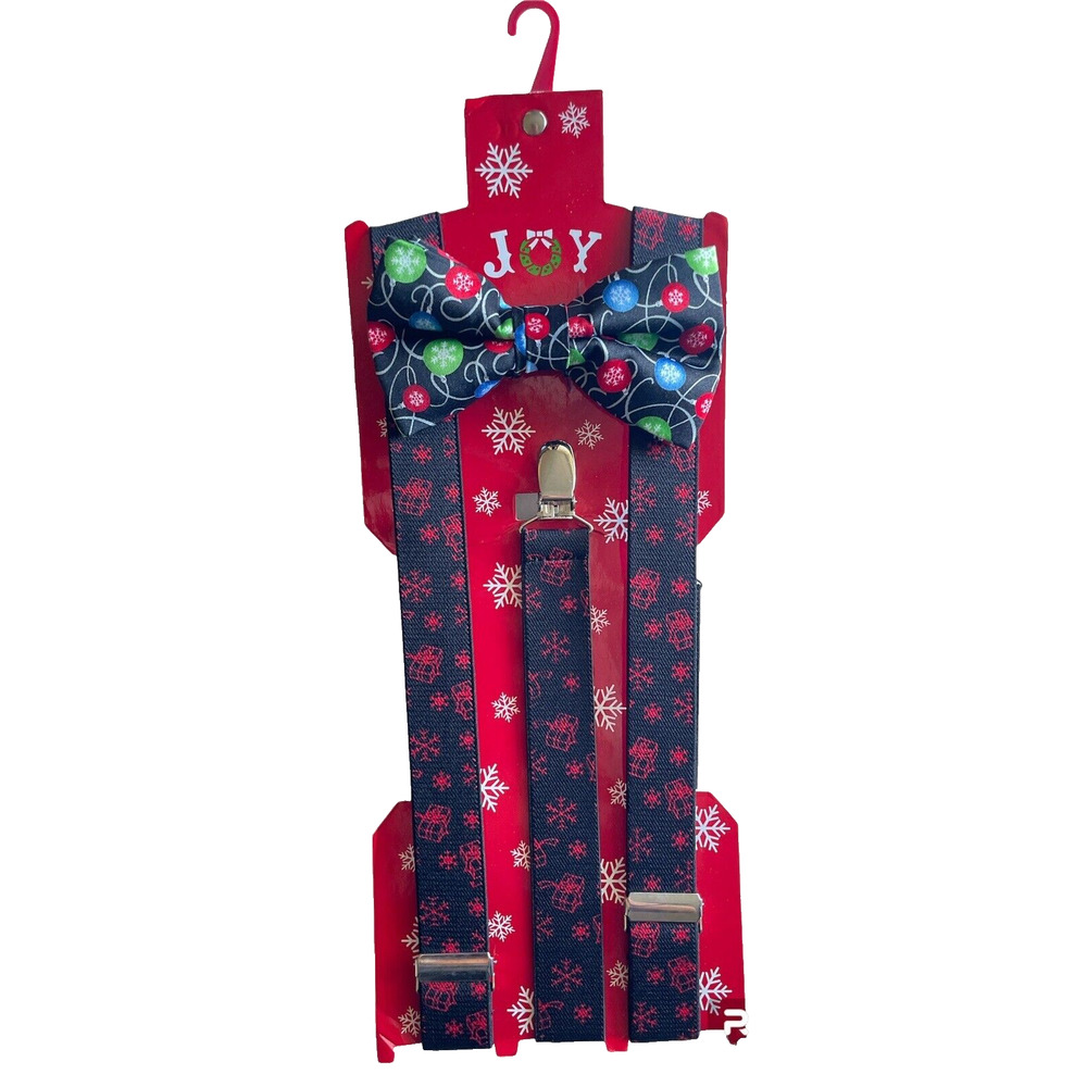 Men's Christmas Holiday Suspenders With Silver Clips and Bow Tie Gift Set